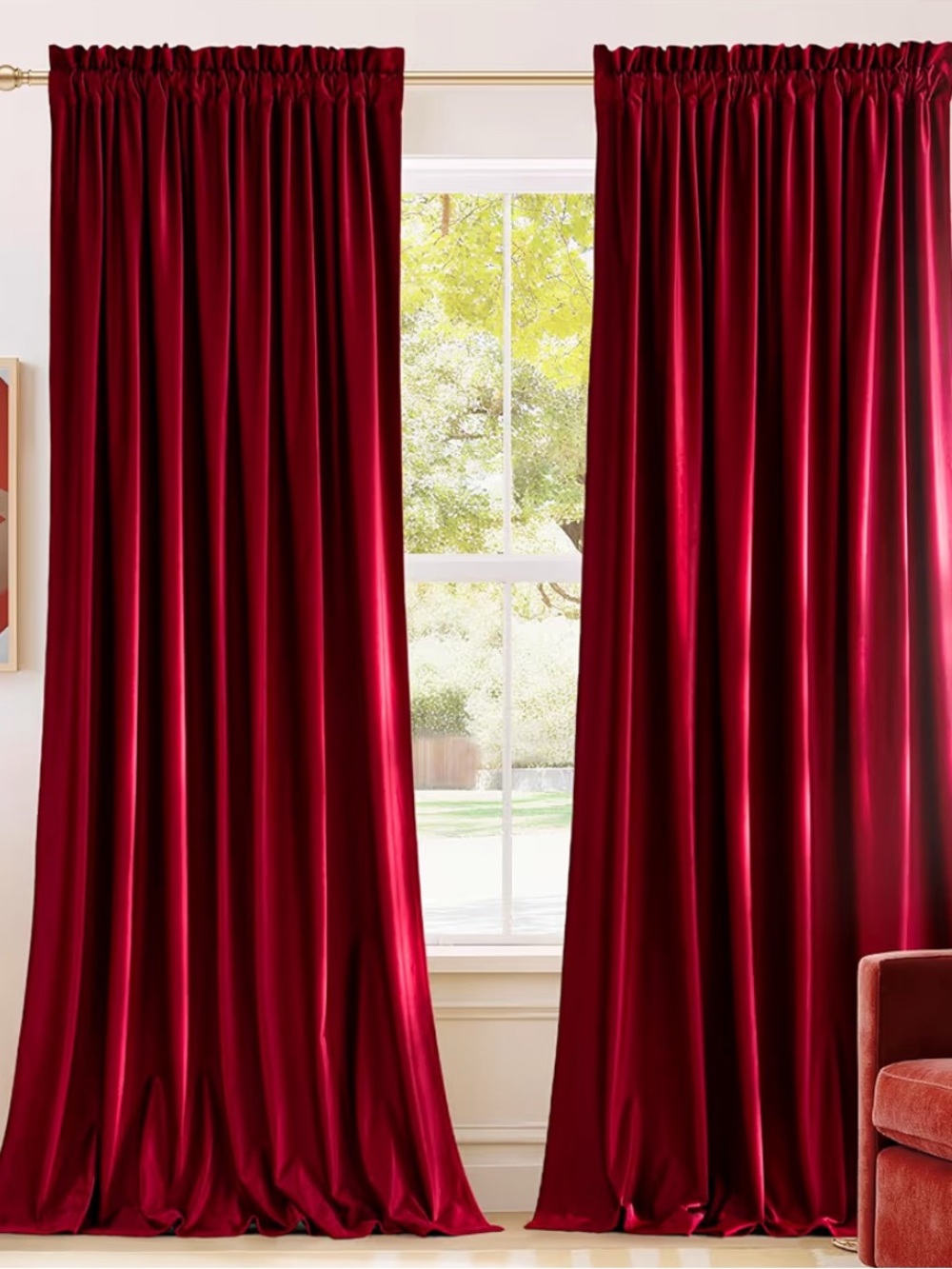 Red Velvet Rod-Pocket Curtain 2 Panels